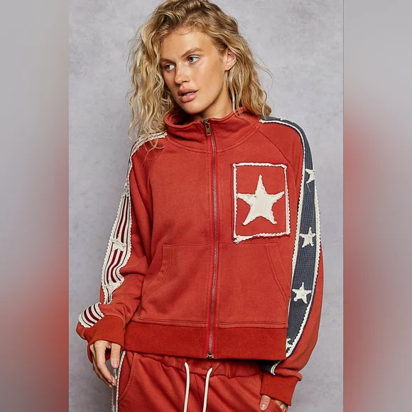 ​POL Star Patchwork Track Suit Set - Rust Red Orange Zip Jacket & Wide Leg